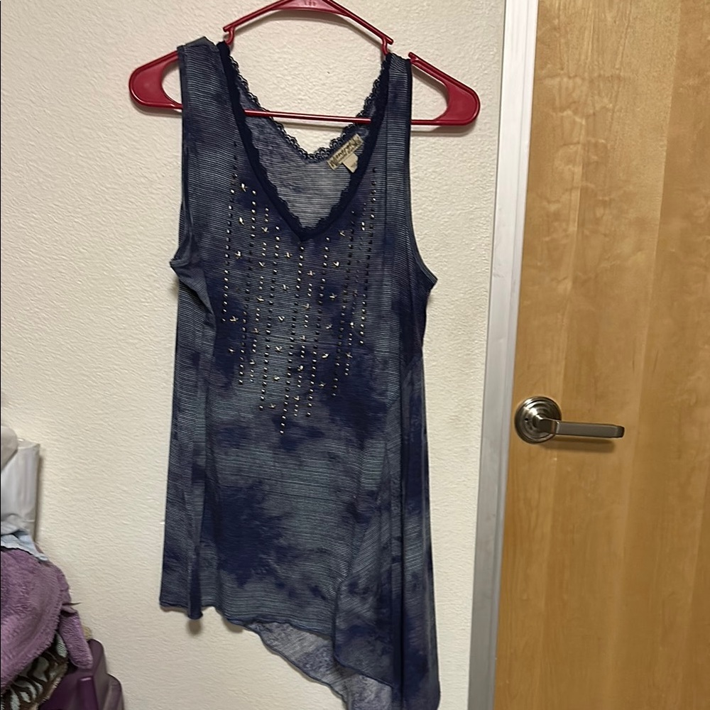 Blue Asymmetrical Embellished Tank Top
